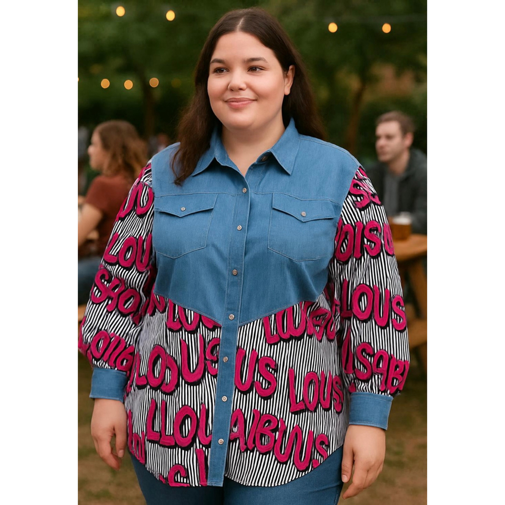 Ashley Stewart Woman's Denim Bodice Shirt Button-Down Pink Graphic Print Size 16